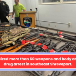 Police seized more than 60 weapons and body armor in a drug arrest in southeast Shreveport.